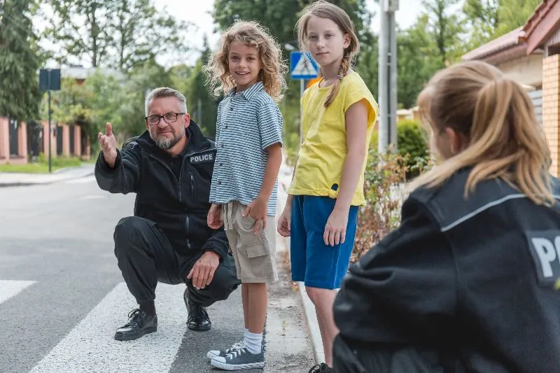 Policjant tłumaczy dzieciom zasady przechodzenia przez jezdnię
